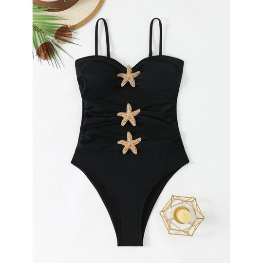 Damen eleganter Badeanzug mit einzigartigem Nackenansatz und glitzernden Sternenapplikationen R&B