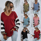 Damen modischer V-Ausschnitt Pullover mit gestreiften Ärmeln und Leopardenmuster R&B