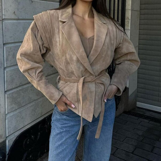 Damen Modische Wildlederjacke mit drapiertem Design und Taillengürtel R&B