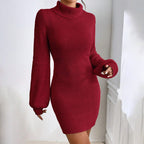 Damen Strickkleid mit hohem Kragen und langen Ärmeln R&B