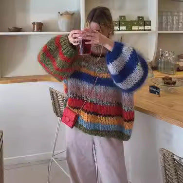 Damen Kuscheliger Strickpullover mit weit ausgestellten Ärmeln und buntem Streifenmuster R&B
