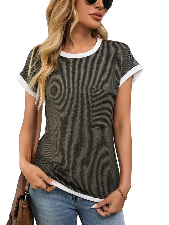 R&B | Gestricktes kontrastierendes T-Shirt mit Rundhalsausschnitt