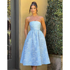 Damen schulterfreies A-Linien Kleid mit luxuriösem Blumenmuster R&B