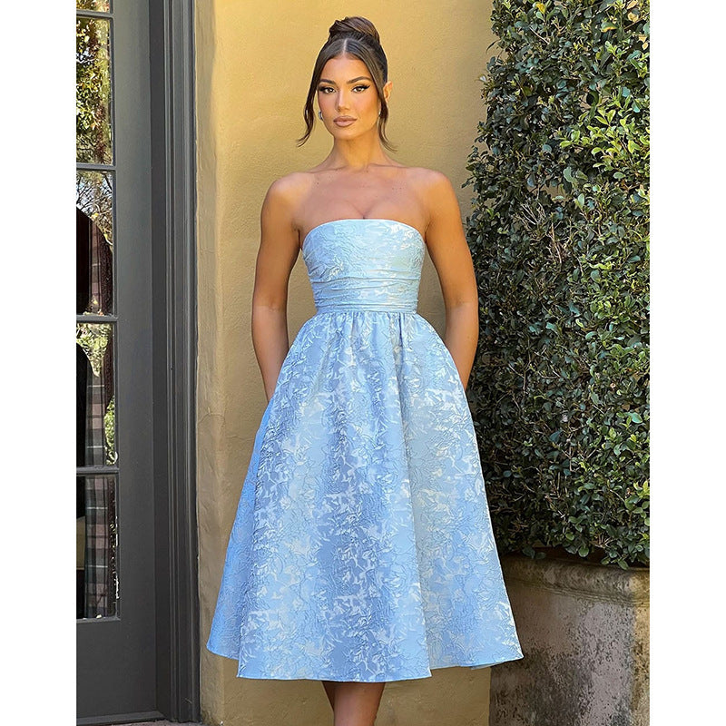 Damen schulterfreies A-Linien Kleid mit luxuriösem Blumenmuster R&B