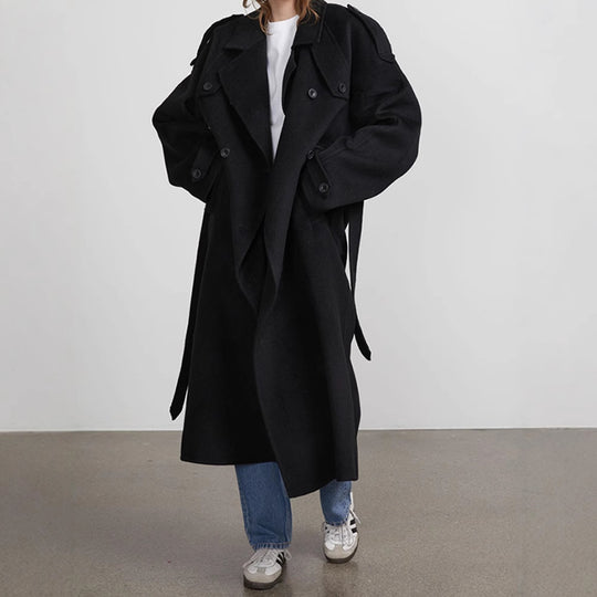 Damen Oversized Trenchcoat aus hochwertigem Wollgemisch mit doppelter Knopfleiste R&B