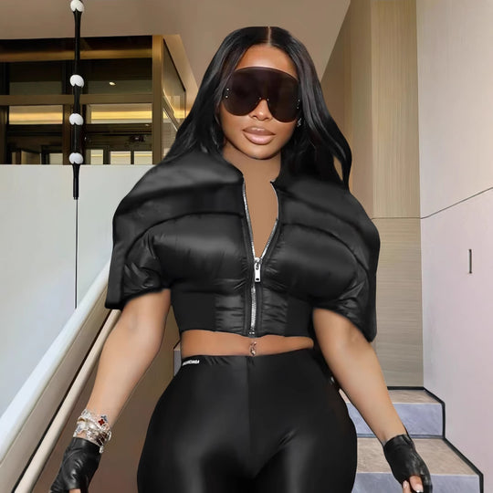 Damen modische cropped Jacke mit voluminösen Puffärmeln R&B