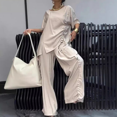 Damen nan legeres zweiteiliges Set mit übergroßem Rundhals-Shirt, seitlicher Raffung und weiter Cargo-Hose R&B