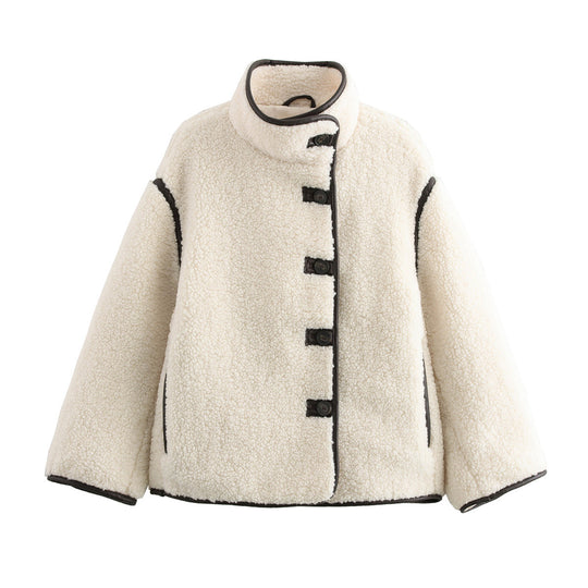 Damen kuschelige Fleecejacke mit hohem Kragen und dekorativen Knopfdetails R&B