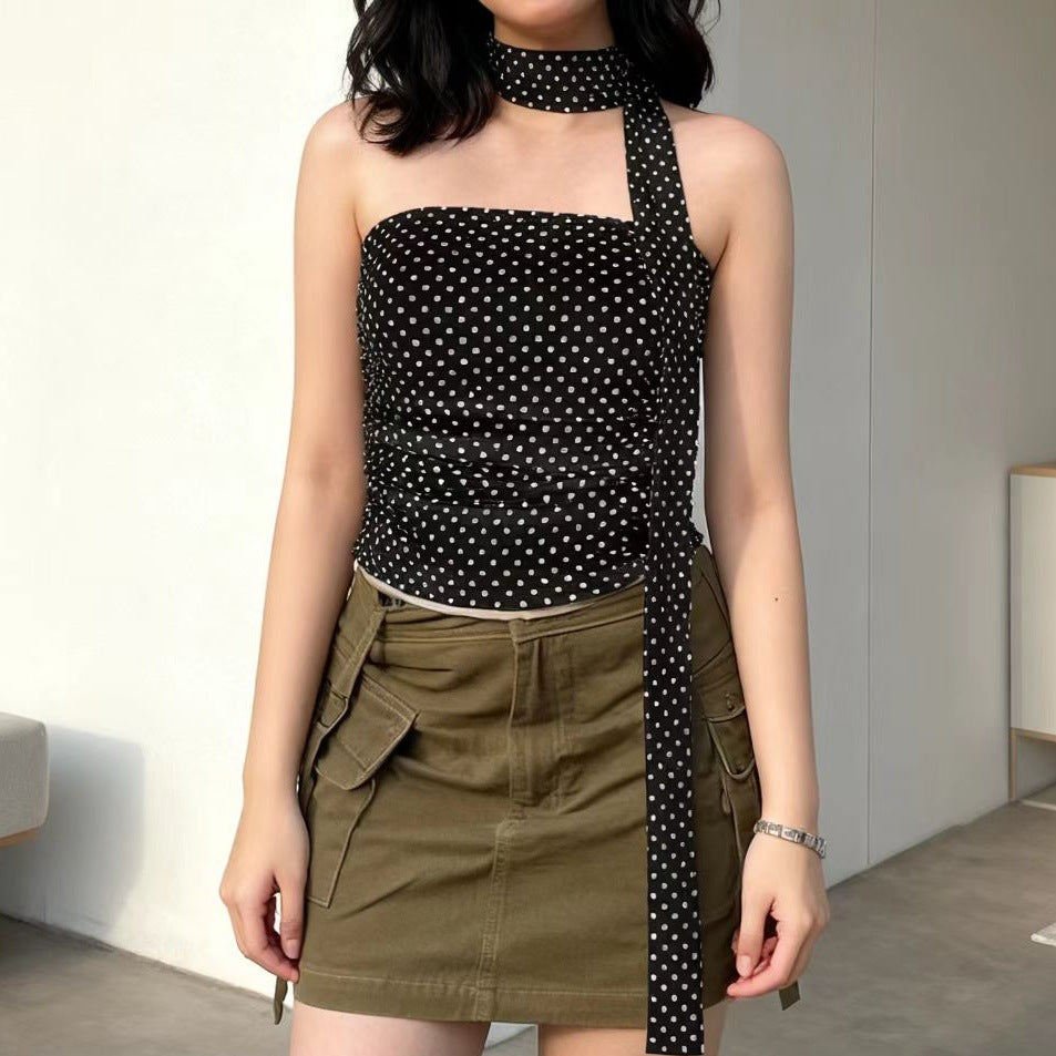 Damen Elegantes Polka-Dots Oberteil mit schmalem Bandeau und formenden Details R&B