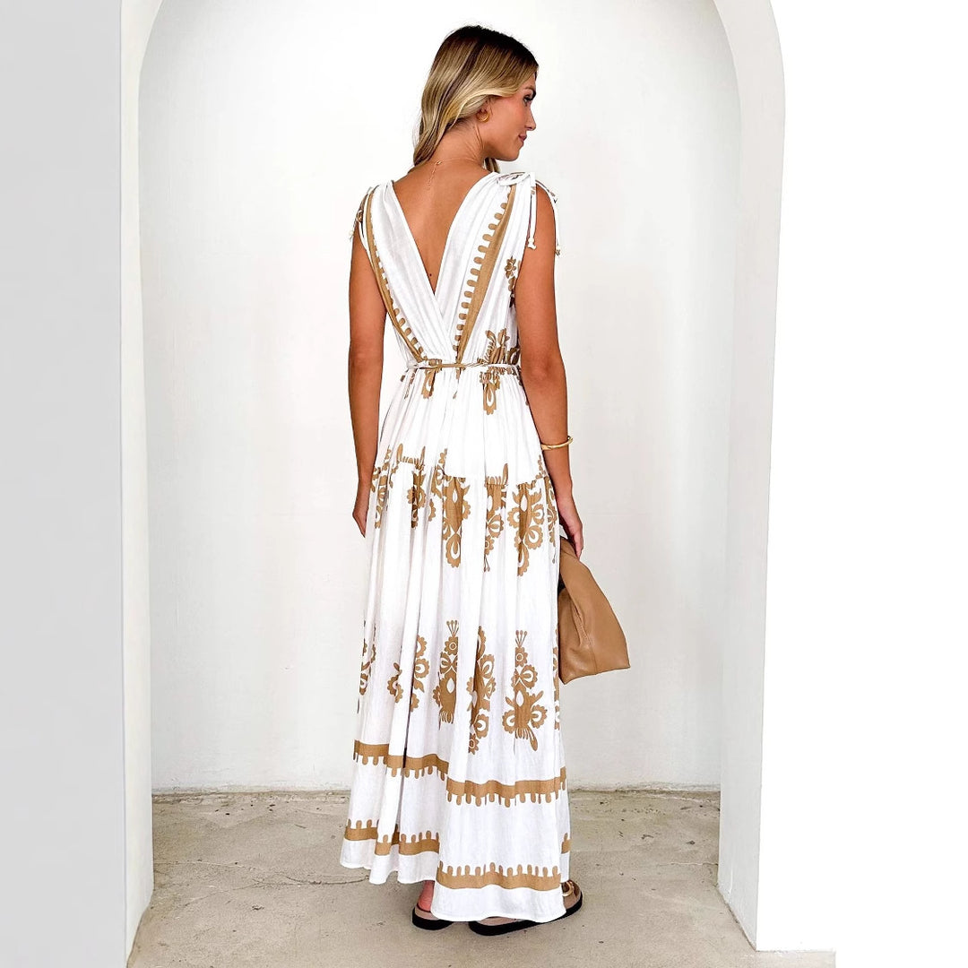 Damen Maxikleid mit kunstvollem geometrischen Muster und elegantem V-Ausschnitt R&B