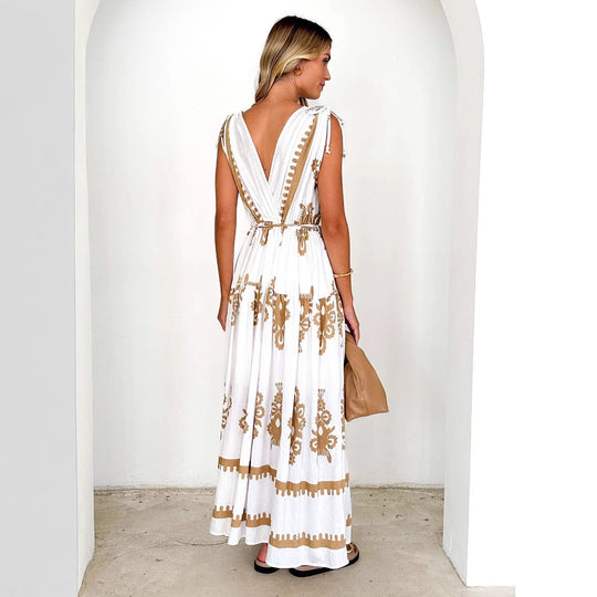 Damen Maxikleid mit kunstvollem geometrischen Muster und elegantem V-Ausschnitt R&B