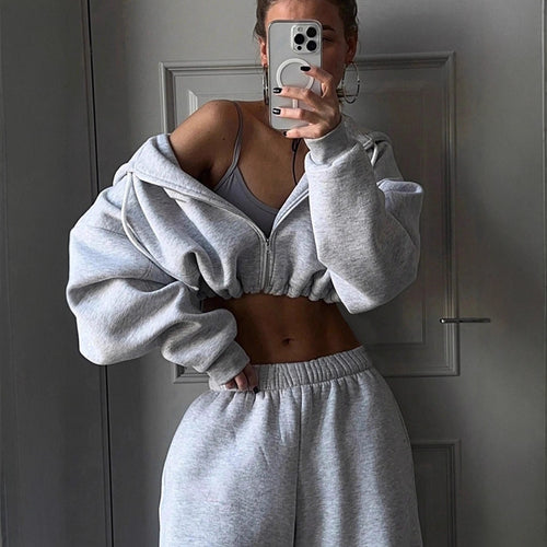 Damen lässiges Cropped Sweat-Set mit voluminösen Ärmeln und weitem Schnitt R&B