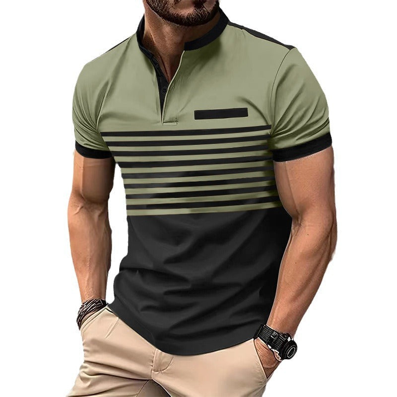 Herren nan kurzärmeliges Streifen-Kurzarmshirt mit Knopfleiste, Stehkragen und Brustpaspel R&B