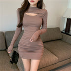 Damen Figurbetontes Kleid mit kreativem Ausschnitt und langem Arm