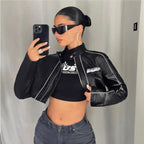 Damen cropped Kunstlederjacke mit sportlichen Zierelementen R&B