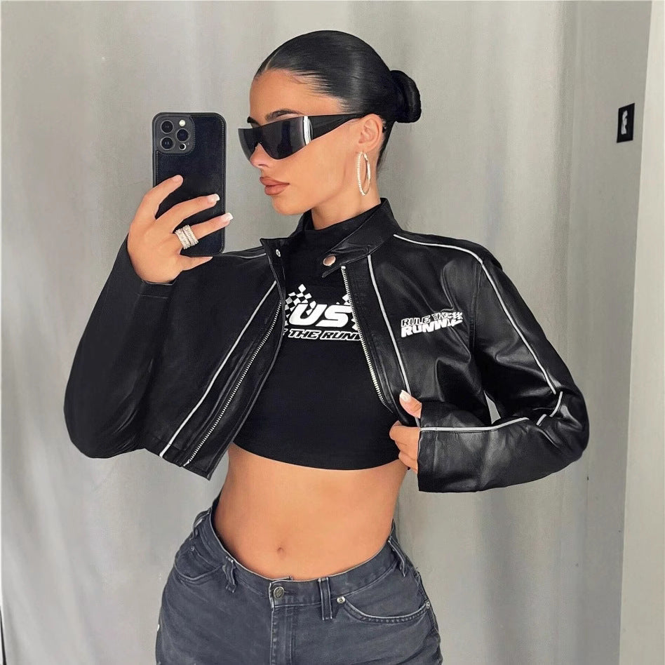 Damen cropped Kunstlederjacke mit sportlichen Zierelementen R&B