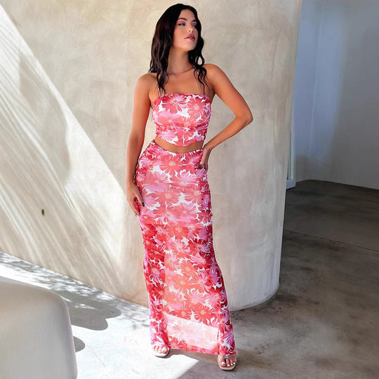 Damen Elegantes Crop-Top und Maxirock-Set mit floralem Design R&B