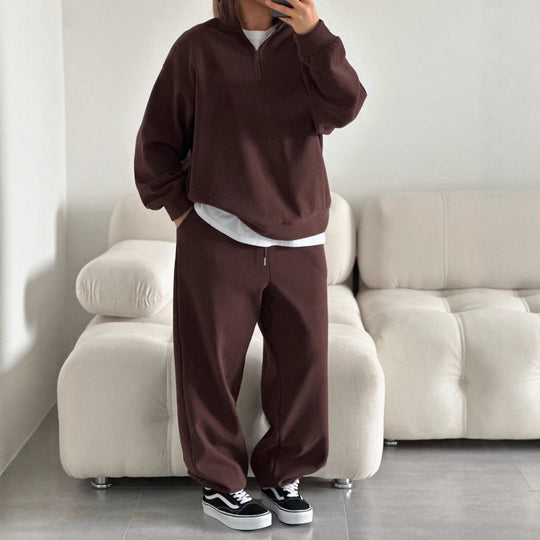 Damen gemütliches Fleece-Loungewear-Set mit Stehkragen und Reißverschluss R&B
