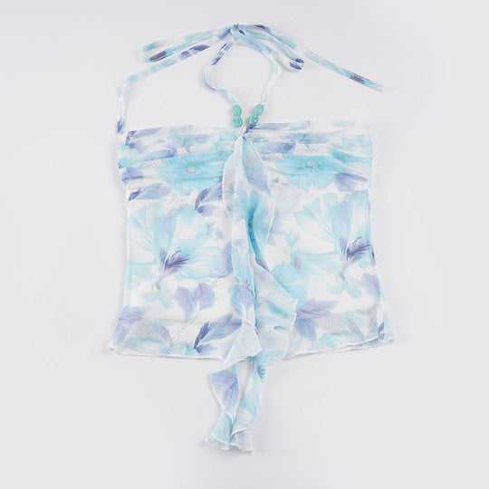 Damen Neckholder-Bluse mit floralem Design und raffiniertem Lockenabschluss R&B