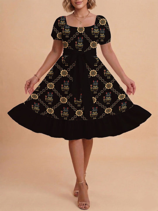 Damen Retro Maxikleid mit Puffärmeln und Taillengürtel R&B