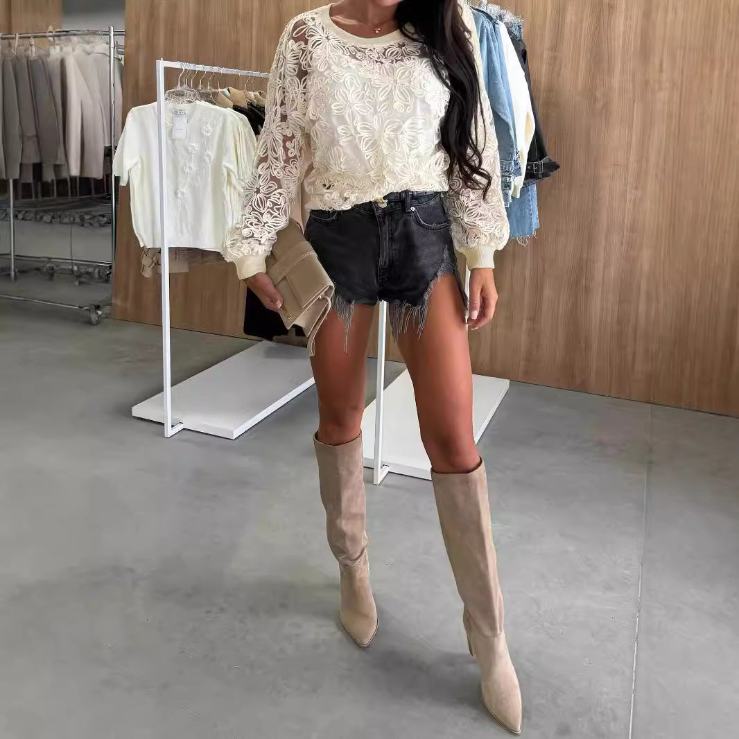 Damen romantisches Strickoberteil mit floralen Akzenten und langen Ärmeln R&B