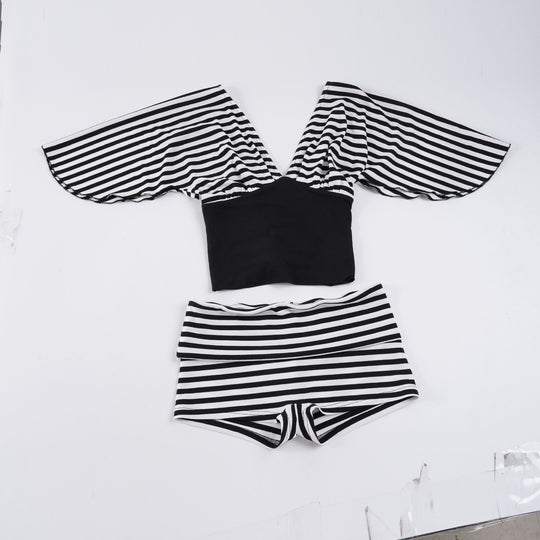 Damen Biquini-Set mit voluminösen Ärmeln und gestreiftem Design R&B