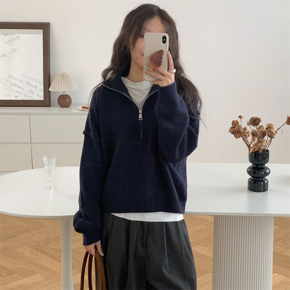 Damen Kurzpullover mit Stehkragen und Reißverschluss R&B