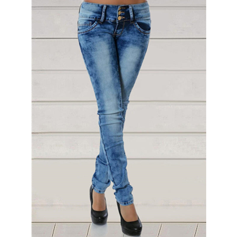 Damen figurbetonte Jeans mit Knopfleiste und lässigem Waschung