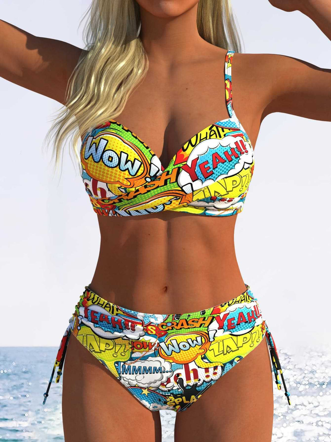 Damen Bikini-Set mit verspieltem Comic-Print und verstellbaren Seitenschnüren R&B
