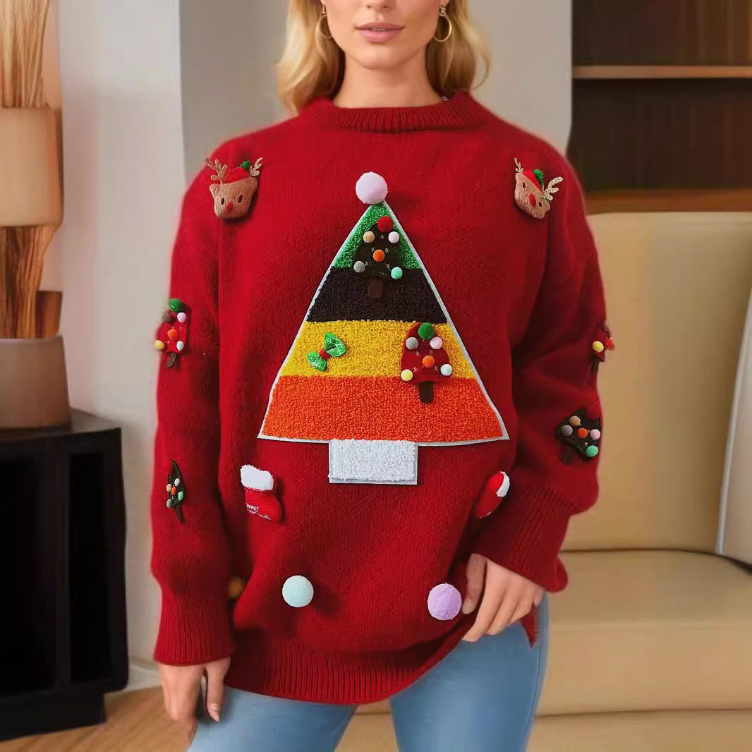 Damen Weihnachts-Pullover mit fröhlichem Weihnachtsbaum-Design und 3D-Applikationen R&B