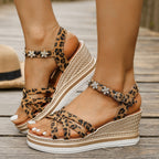 Damen Wedge-Sandalen mit dekorativen Riemen und modischem Leopardenmuster R&B