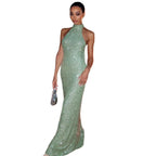 Damen Glitzerndes Abendkleid mit hohem Kragen und figurbetontem Schnitt EB