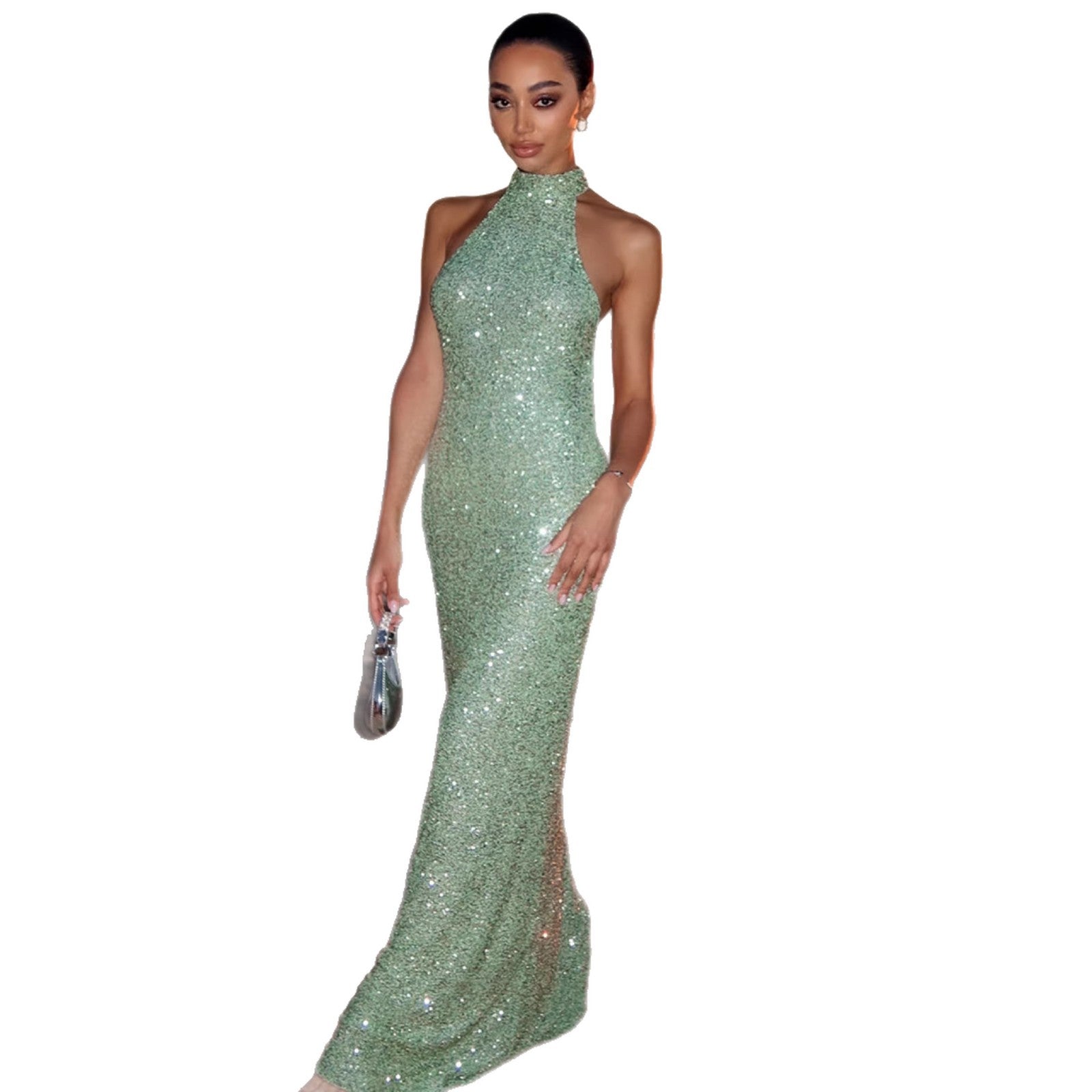 Damen Glitzerndes Abendkleid mit hohem Kragen und figurbetontem Schnitt EB
