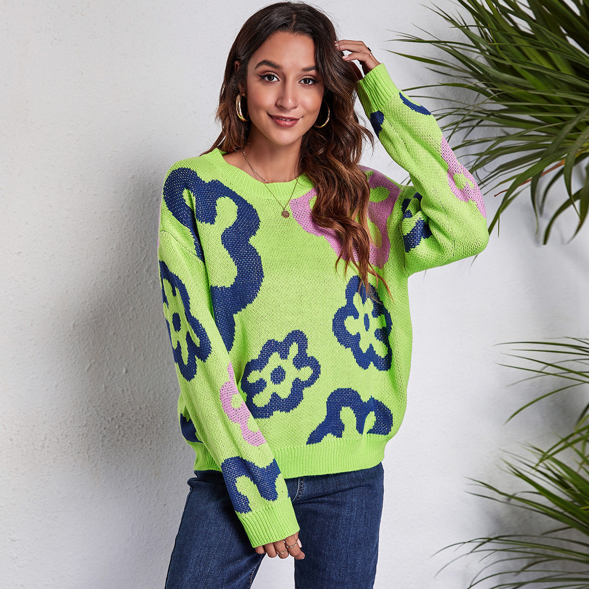 Damen Großer Strickpullover mit verspielt floralem Design R&B