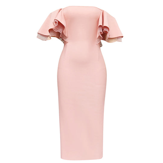 Damen Elegantes Midi-Kleid mit voluminösen Rüschensäumen R&B