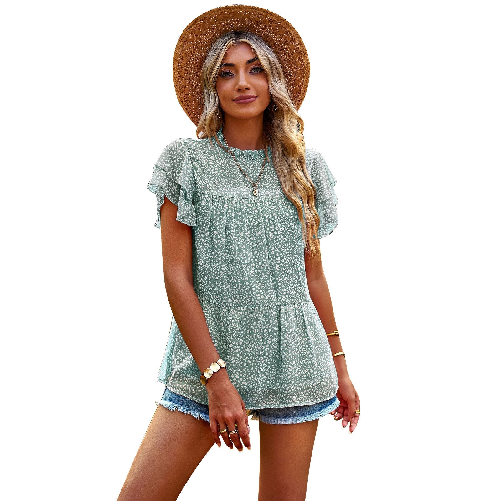 Damen Bluse mit Volantärmeln und frechem Muster R&B