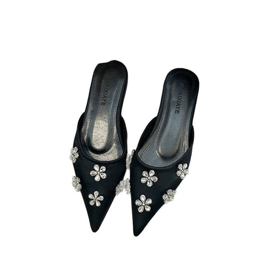 Damen elegante Mules mit funkelndem Blütenakzent R&B