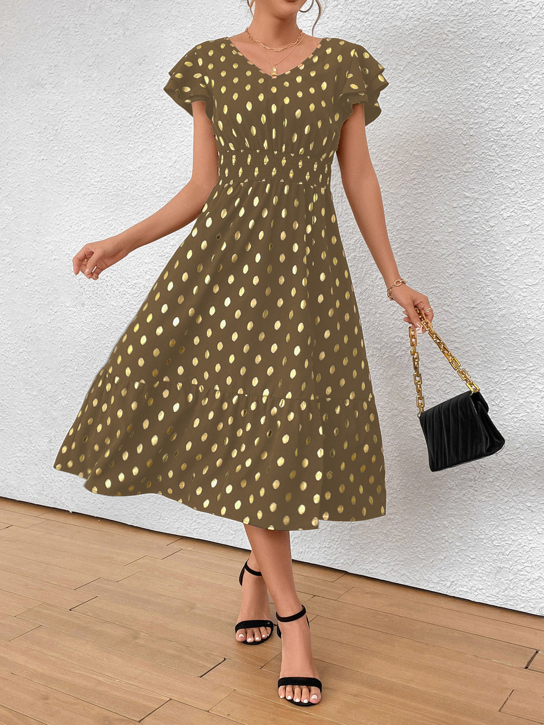 Damen Maxikleid mit Rüschendetails und schimmerndem Punktmuster R&B