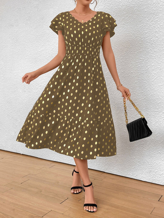 Damen Maxikleid mit Rüschendetails und schimmerndem Punktmuster R&B