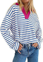 Damen Lässiges gestreiftes Sweatshirt mit V-Ausschnitt und langen Ärmeln R&B