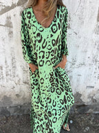 Damen Langarm Maxikleid mit Animal-Print und praktischen Taschen R&B