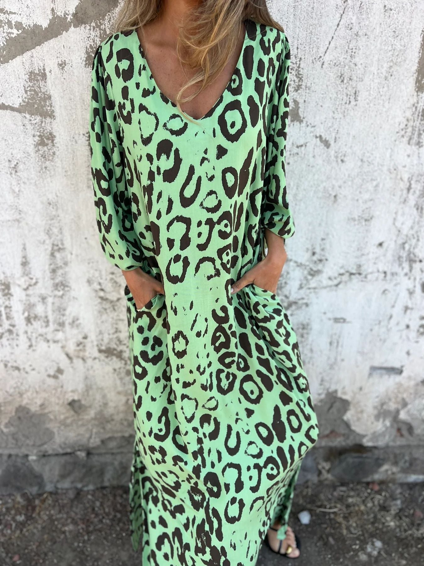Damen Langarm Maxikleid mit Animal-Print und praktischen Taschen R&B