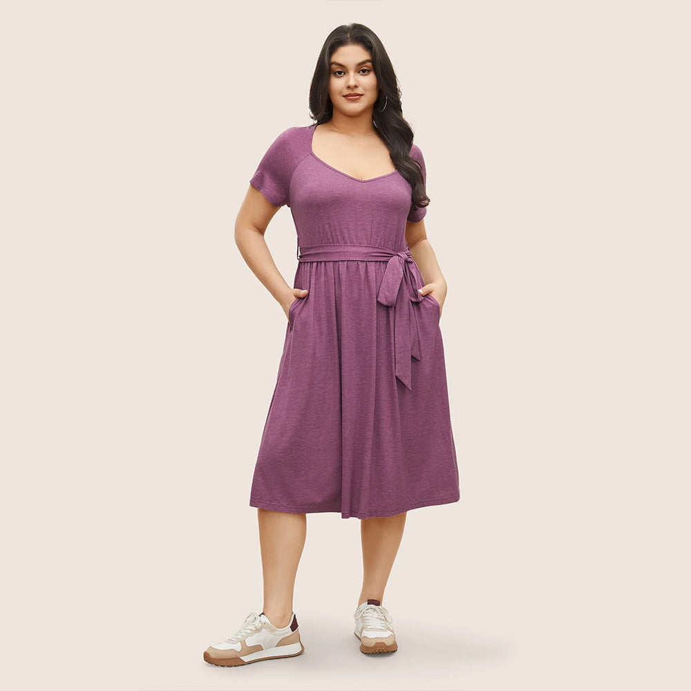 Damen lässiges Maxikleid mit Taillengürtel und V-Ausschnitt R&B