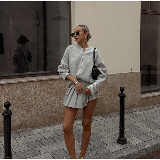 Damen lässige Strickjacke mit hohem Kragen und Reißverschluss R&B