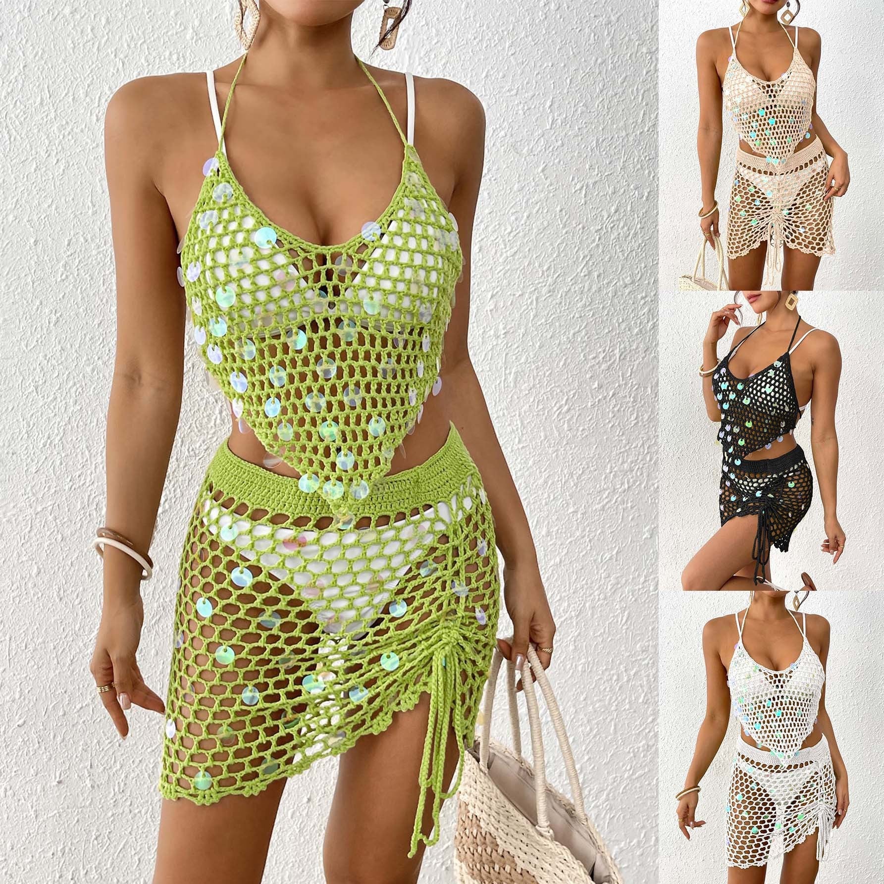 Damen gehäkelter Bikiniüberwurf mit funkelnden Pailletten R&B