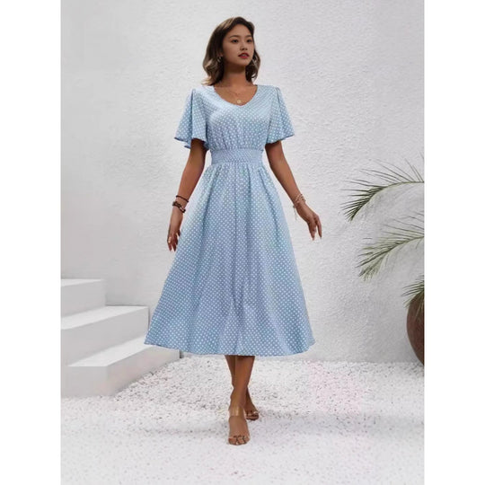 Damen Maxikleid im verspielten Punktdesign mit voluminösen Ärmeln und tiefem V-Ausschnitt R&B