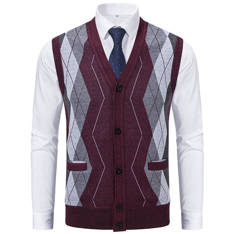 Herren elegante Strickweste mit klassischem Rautenmuster und praktischen Taschen R&B