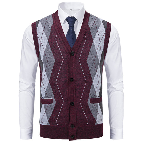Herren elegante Strickweste mit klassischem Rautenmuster und praktischen Taschen R&B