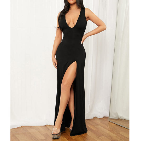 Damen Elegantes Maxikleid mit tiefem V-Ausschnitt und seitlichen Schlitzen R&B