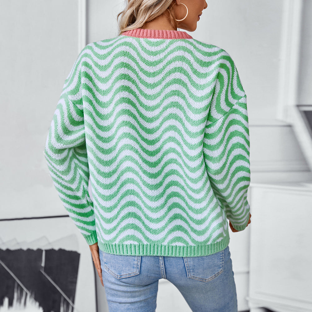 Damen gemütlicher Pullover mit modernen Wellenmustern und minimalistischer Passform R&B